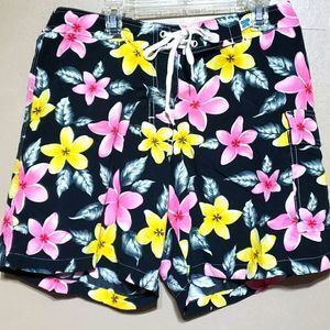 Xelosette black with pink yellow flowers polyester shorts, sz 10